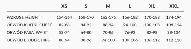 Tabela Rozmiarów Unisex.